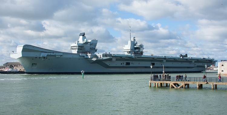 HMS QE leaving Portsmouth for rotary wing trials